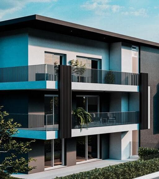 Residenza Superga a Cornate d’Adda: dettaglio della facciata con balconi e frangisole verticali