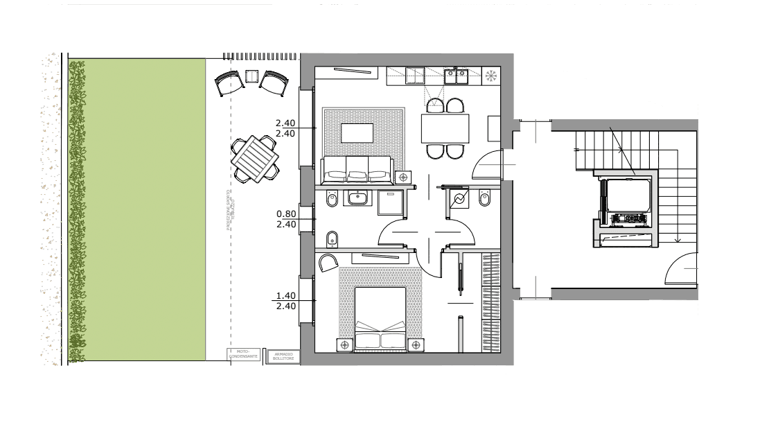 Planimetria bilocale Residenza Superga: soggiorno con cucina, camera, bagno e giardino privato