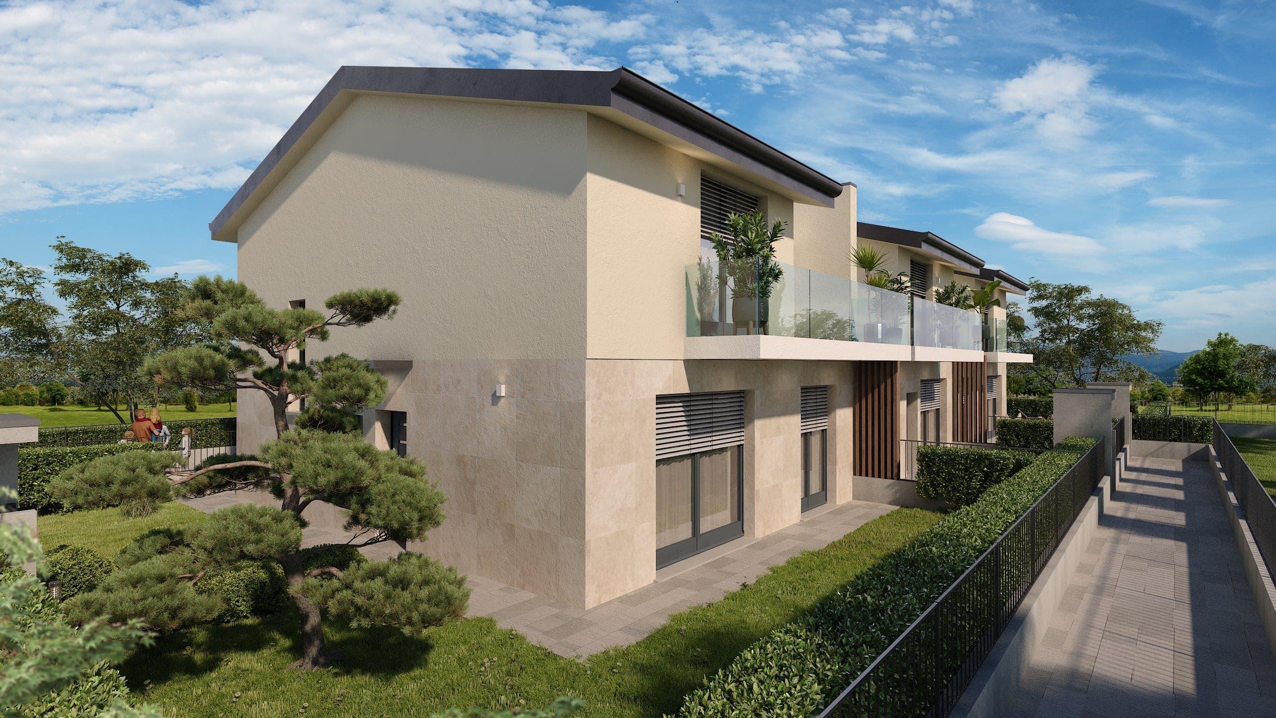 Residenze Le Ortensie a Pozzo d’Adda: vista laterale con giardino privato e balconi in vetro
