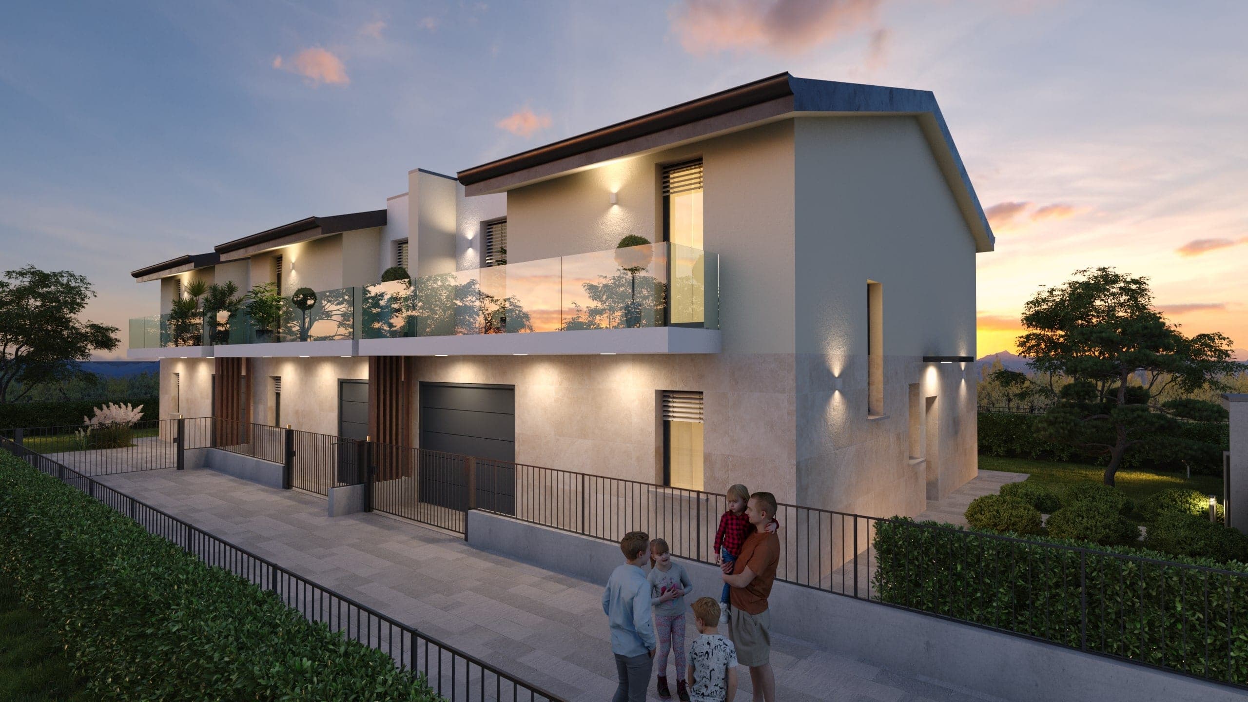 Residenze Le Ortensie a Pozzo d’Adda: render serale dell’ingresso con luci accese