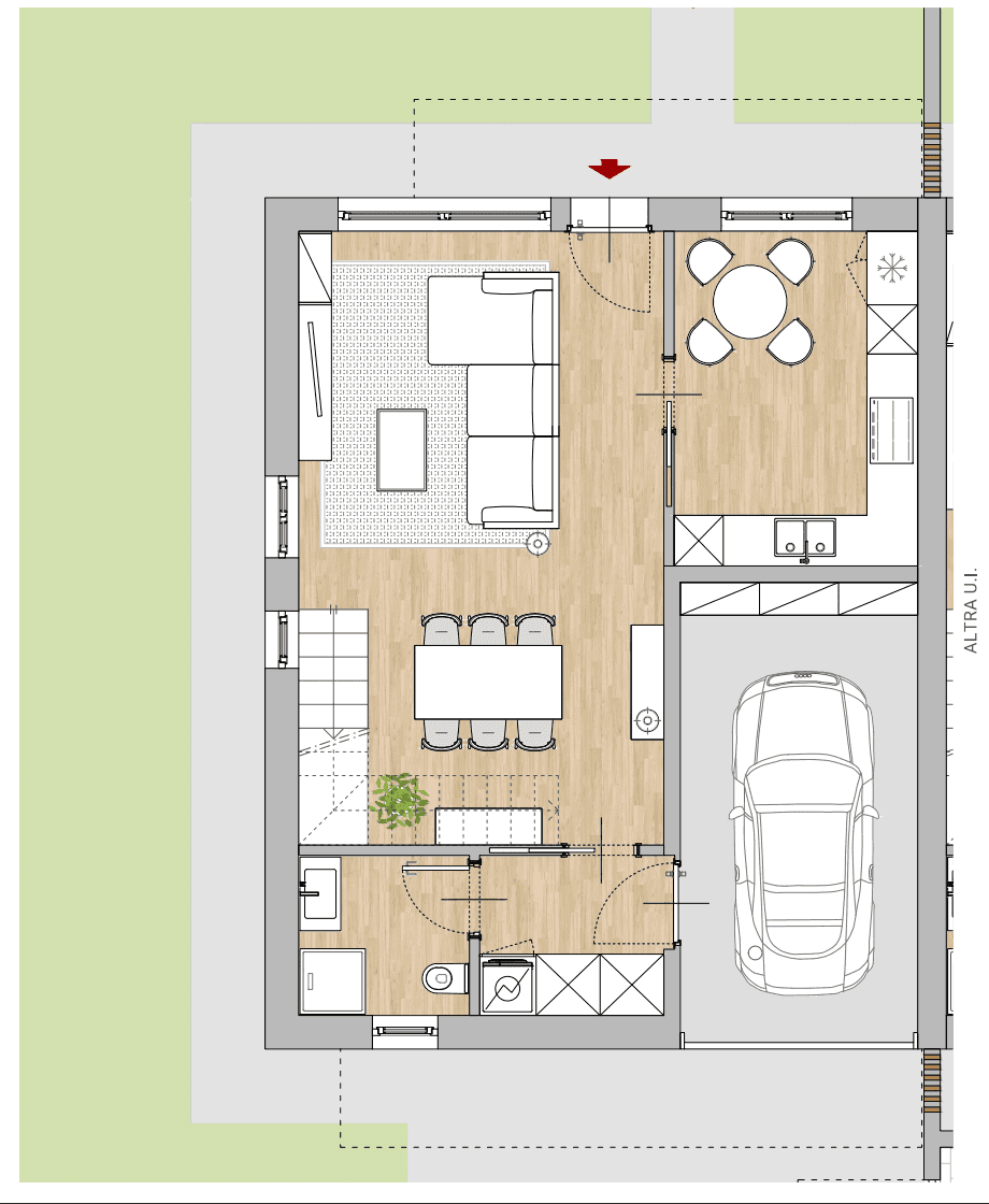 Planimetria piano terra villetta Le Ortensie: soggiorno, cucina abitabile, bagno, scala e box auto