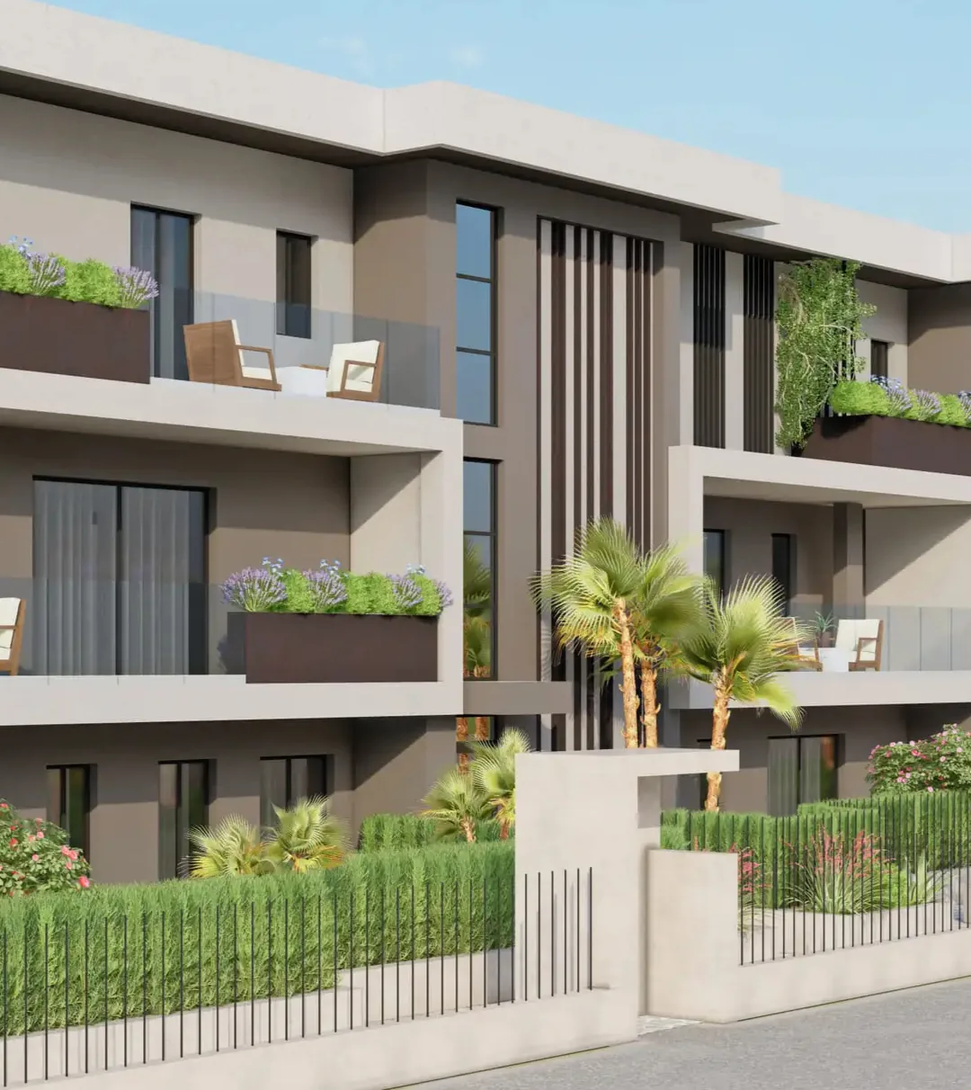 Residenza Modigliani a Colnago, Cornate d’Adda: facciata con balconi, fioriere e palme