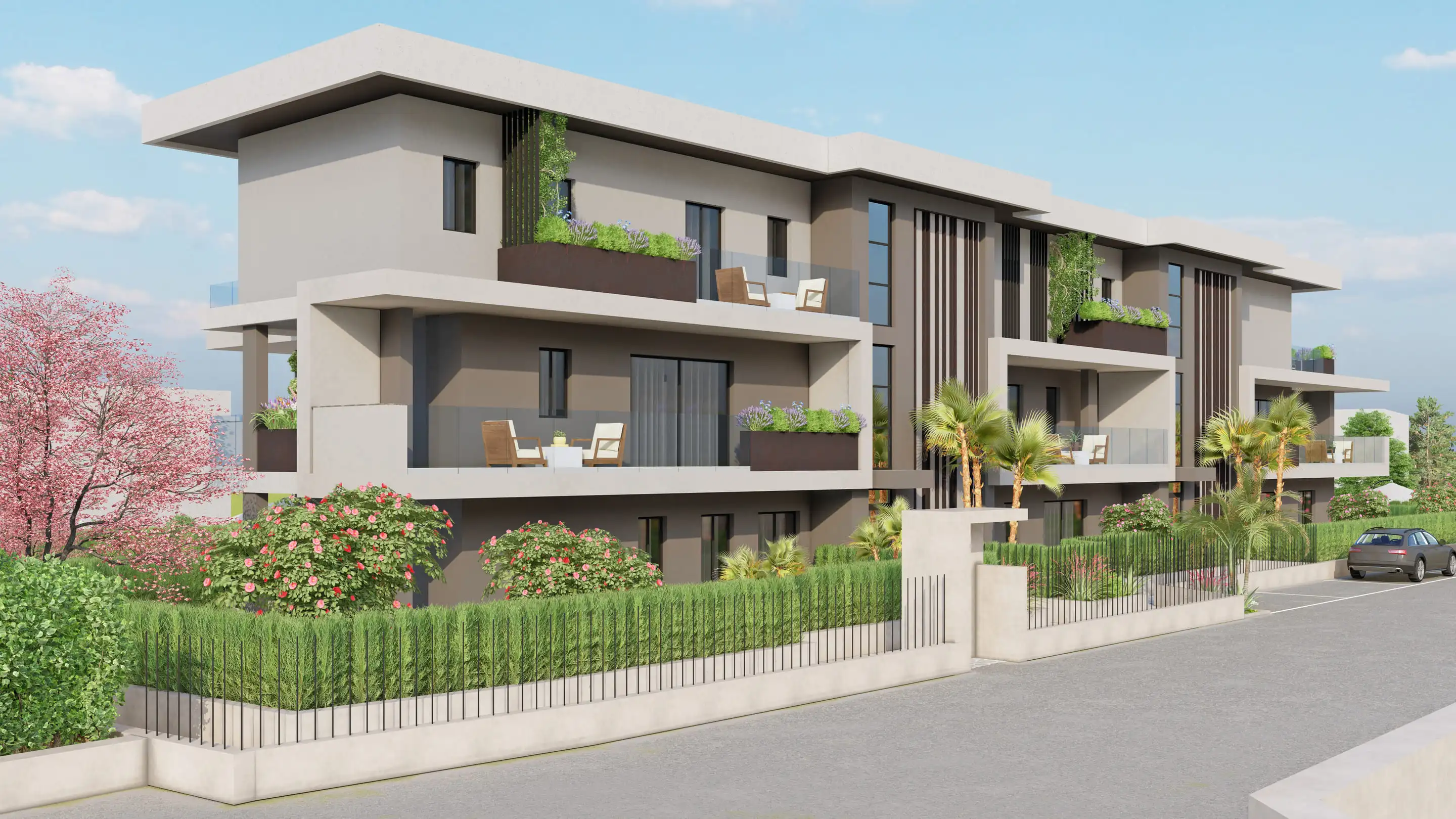 Residenza Modigliani a Colnago, Cornate d’Adda: render dalla strada con recinzione, siepi e palme