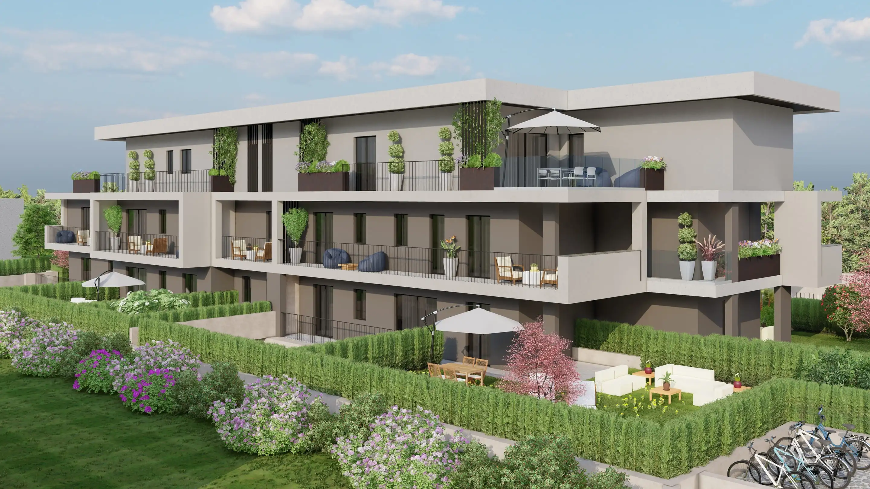 Residenza Modigliani a Colnago, Cornate d’Adda: render della palazzina con terrazzi e giardini