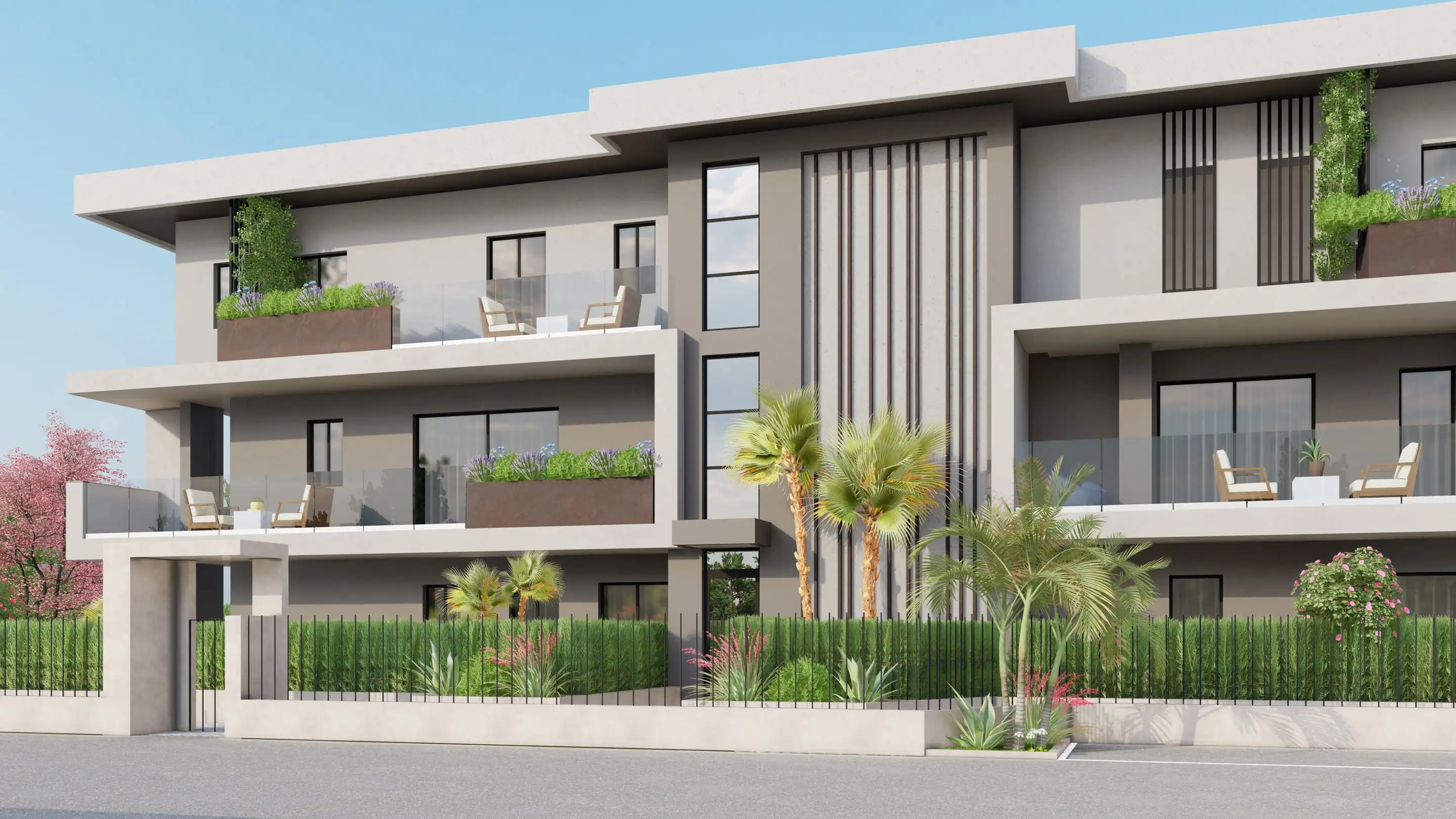Residenza Modigliani a Cornate d’Adda: facciata sulla strada con ingresso, frangisole e palme