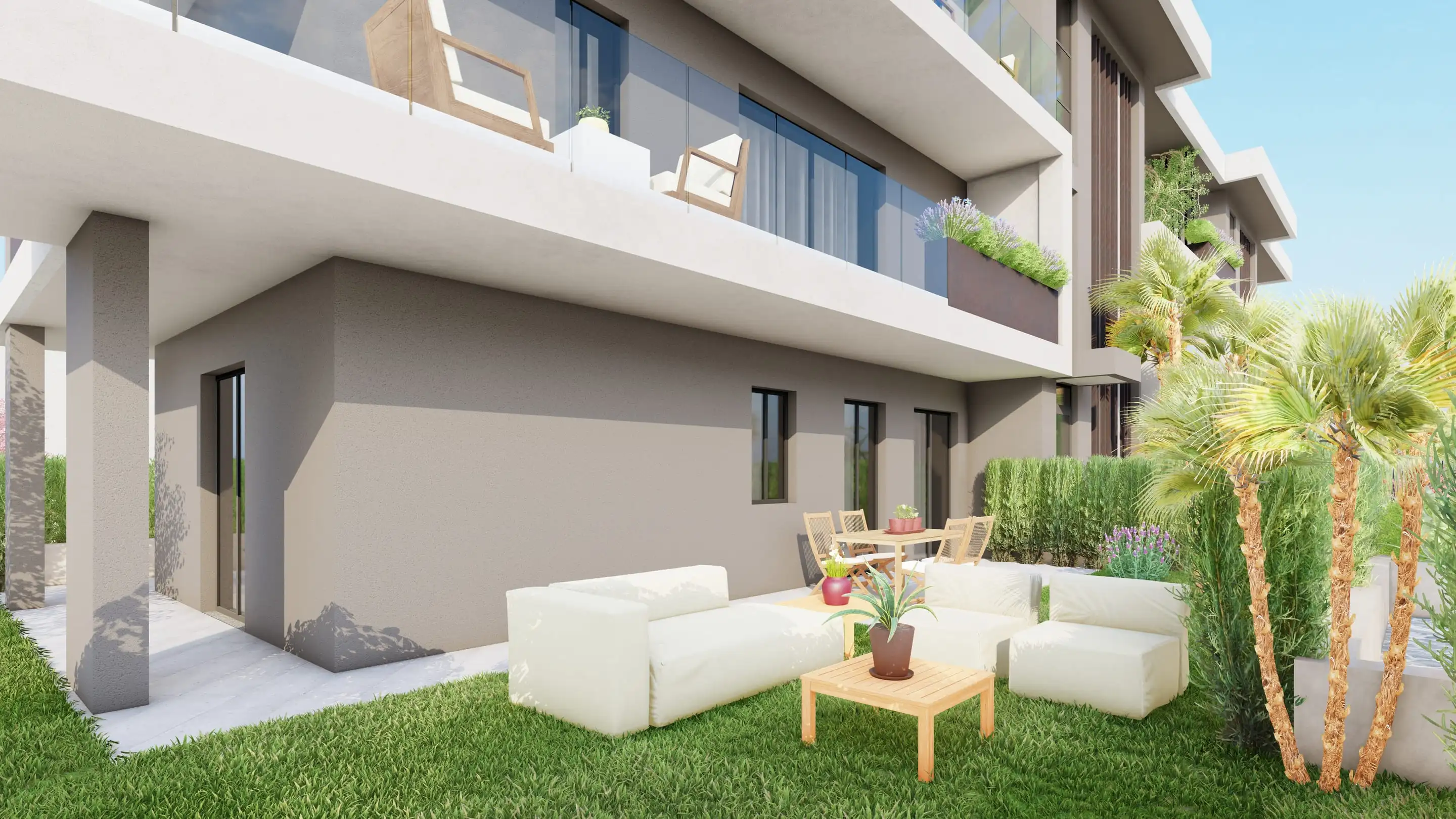 Residenza Modigliani a Cornate d’Adda: giardino al piano terra con salotto esterno, tavolo e palme