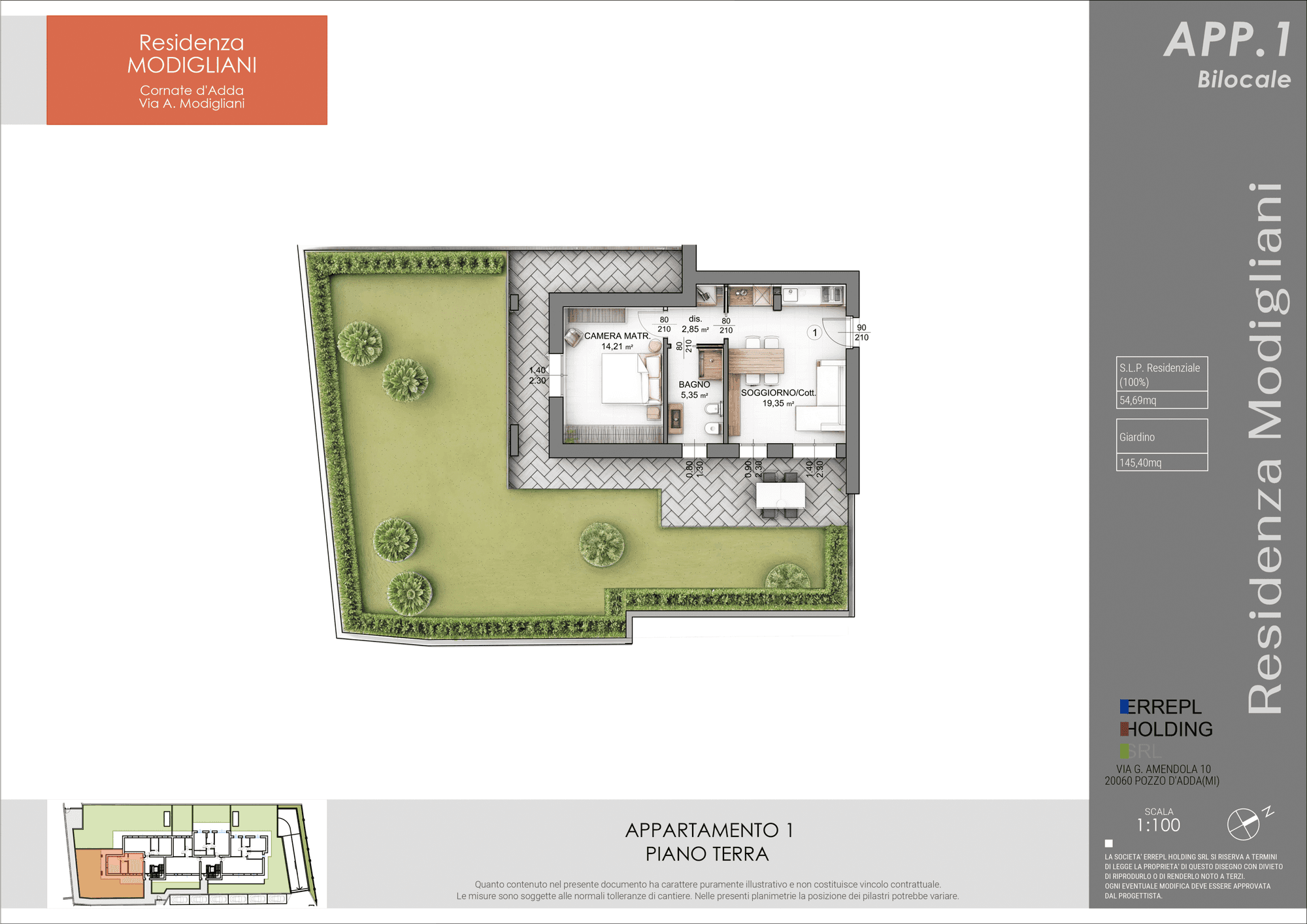 Planimetria bilocale piano terra 55 mq, Residenza Modigliani: soggiorno con cottura, camera, bagno e giardino