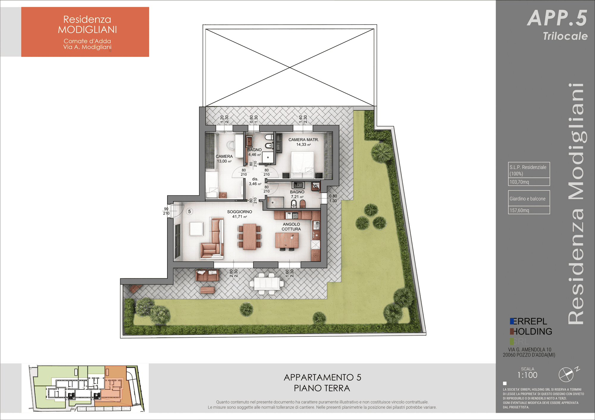 Planimetria trilocale piano terra 104 mq, Residenza Modigliani: due camere, due bagni e giardino