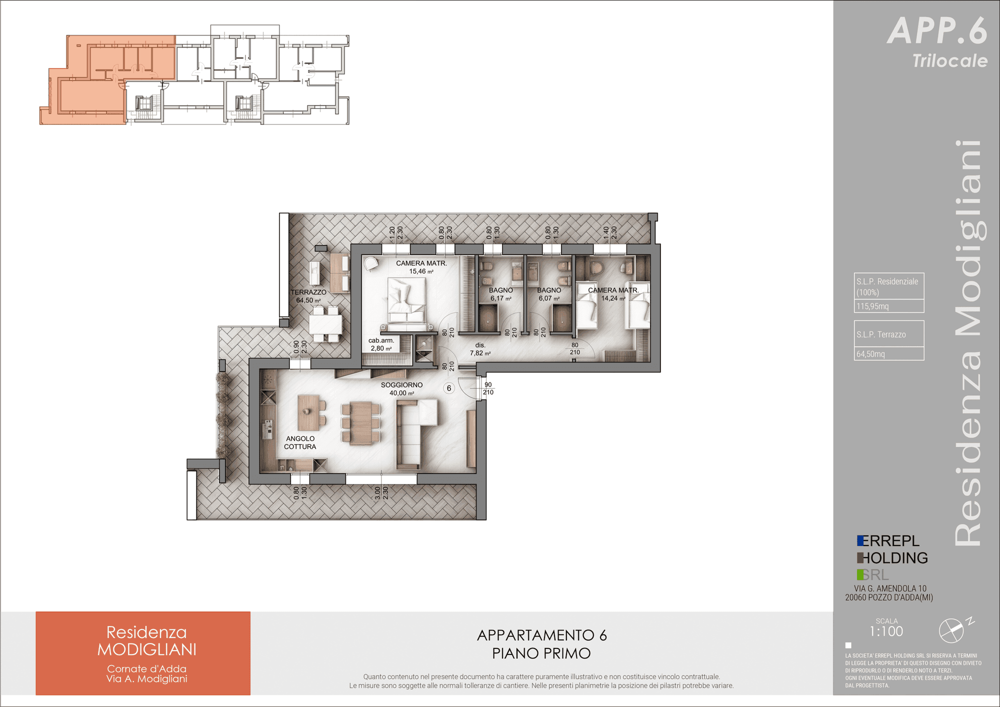 Planimetria trilocale primo piano 116 mq, Residenza Modigliani: due camere, due bagni e terrazzo