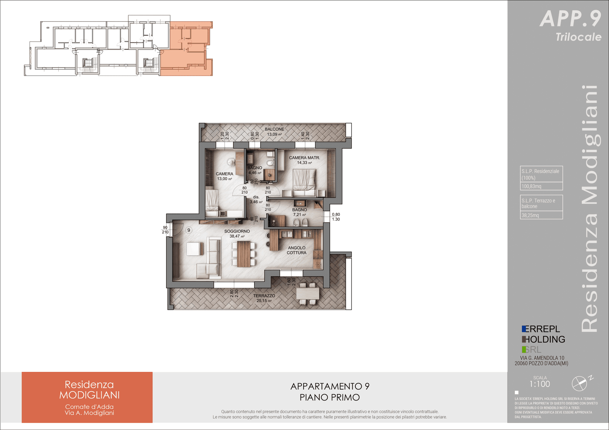 Planimetria trilocale primo piano 101 mq, Residenza Modigliani: due camere, due bagni, terrazzo e balcone